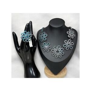 Coach Y2K Pavé Crystal Flower Necklace and New With Tags Flower Ring Size 6